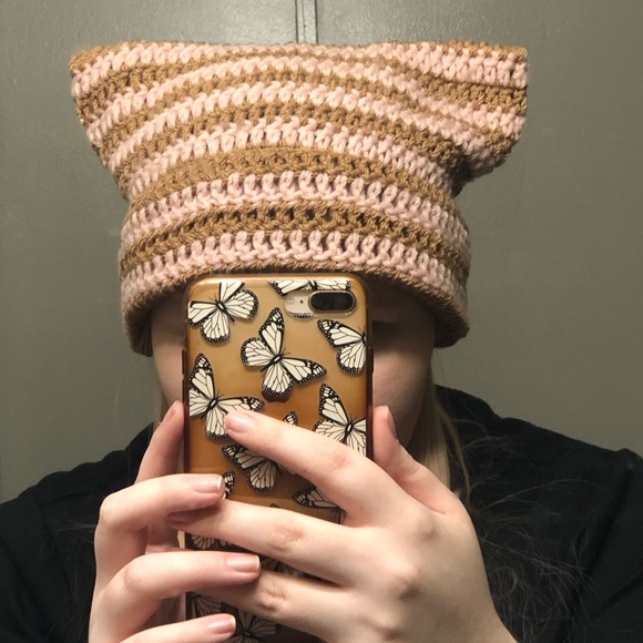 Tan and Pink Crochet Cat Ear Beanie - Picture 2 of 4